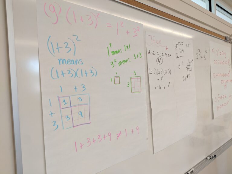 Multiple anchor charts of mathematical reasoning hand side by side on a whiteboard